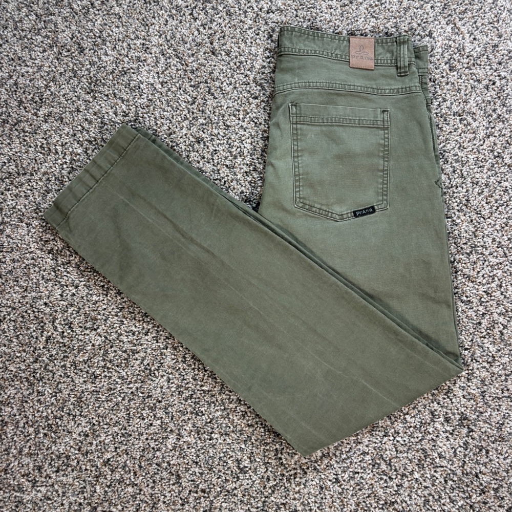 Prana Mens 34x32 Slim Fit Organic Cotton Blend Pants Olive Green Casual Trousers